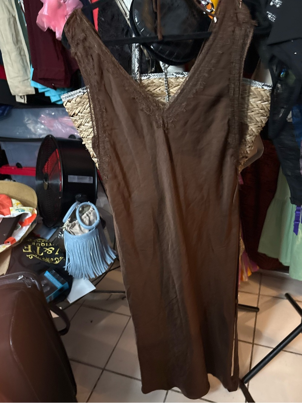 NWT Skies Are Blue Brown Lace-Trim Midi Slip Dress. Size L.